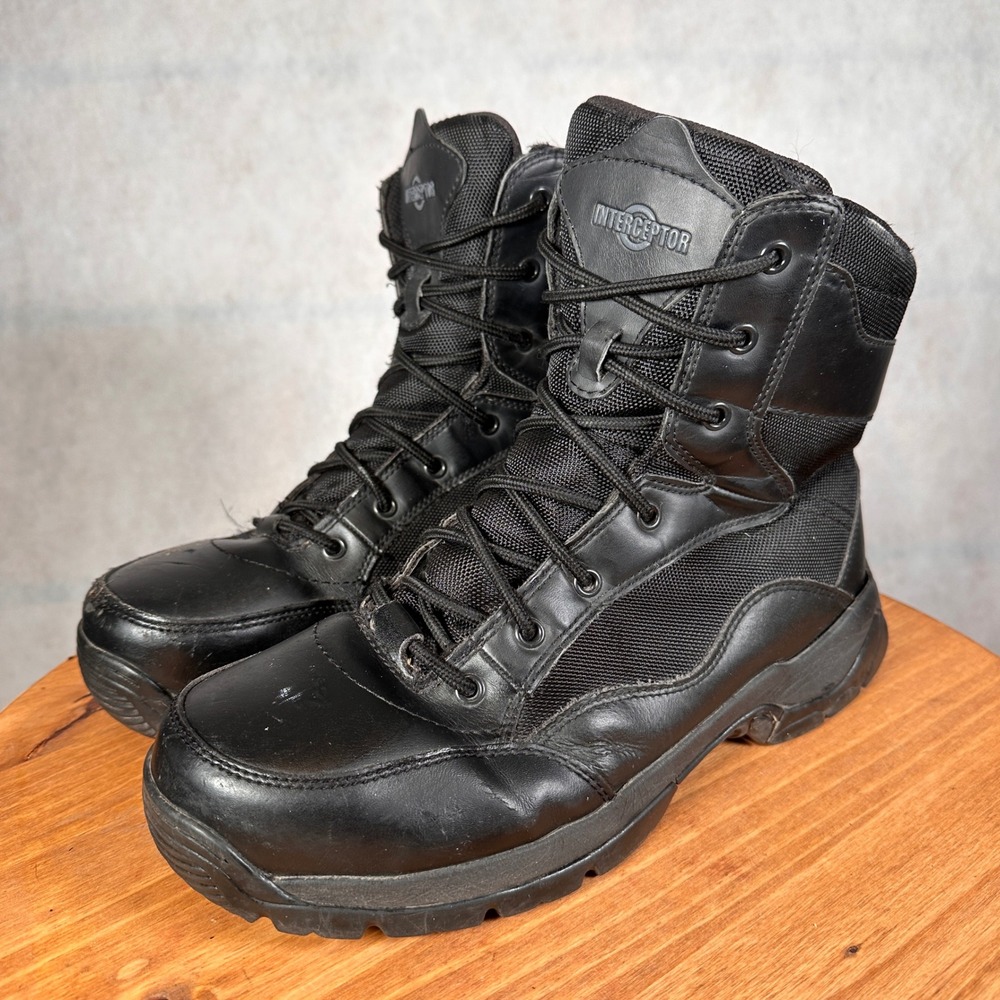 Interceptor Tactical Boots Mens 9.5 Black Good Leather Mesh Work Safety MNIN024